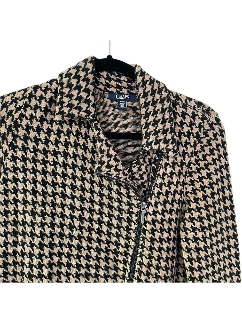 Chaps Women’s Sweater Jacket Houndstooth Brown Black Collared Zip Size: Medium